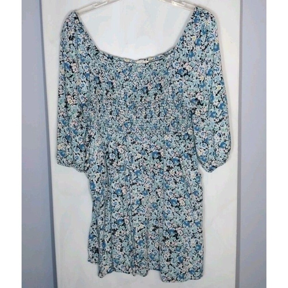 Terra & Sky 1X Black Floral Smocked Dress 3/4 Puff Sleeve Pockets Boho